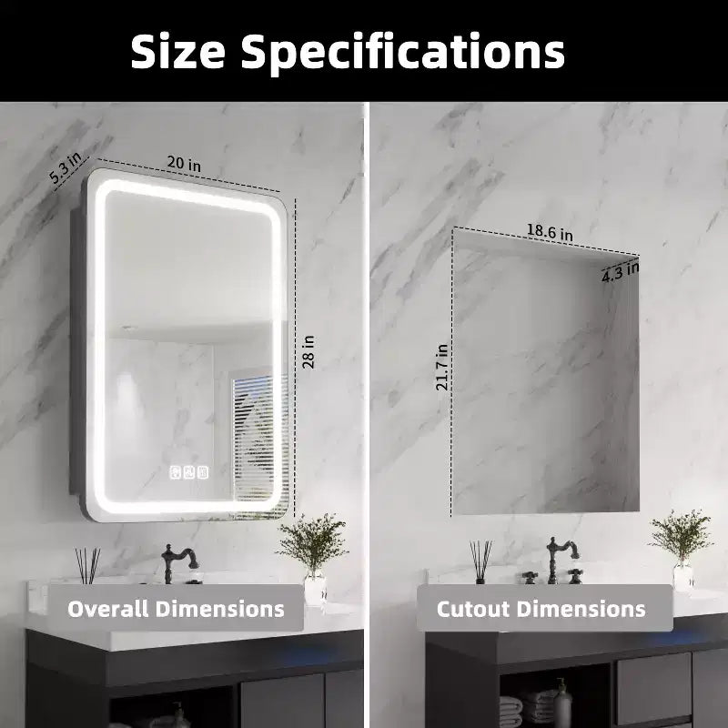 20 in. W x 28 in. H Rectangular Iron Medicine Cabinet with Mirror, Dimmable Light, Anti-Fog and Outlets - Fully Assembled
