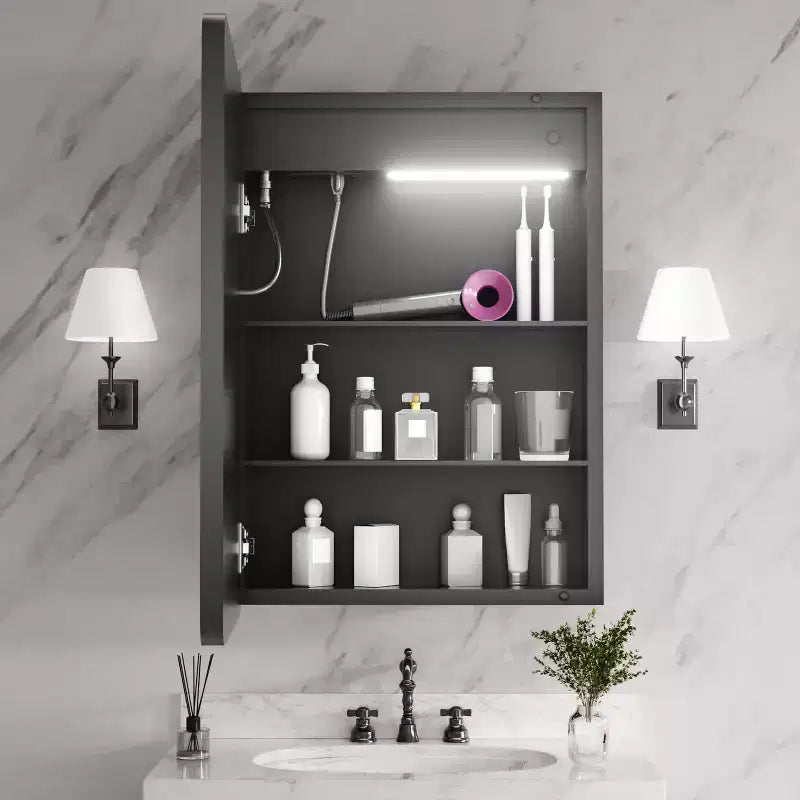 20 in. W x 28 in. H Rectangular Iron Medicine Cabinet with Mirror, Dimmable Light, Anti-Fog and Outlets - Fully Assembled