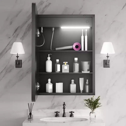 20 in. W x 28 in. H Rectangular Iron Medicine Cabinet with Mirror, Dimmable Light, Anti-Fog and Outlets - Fully Assembled