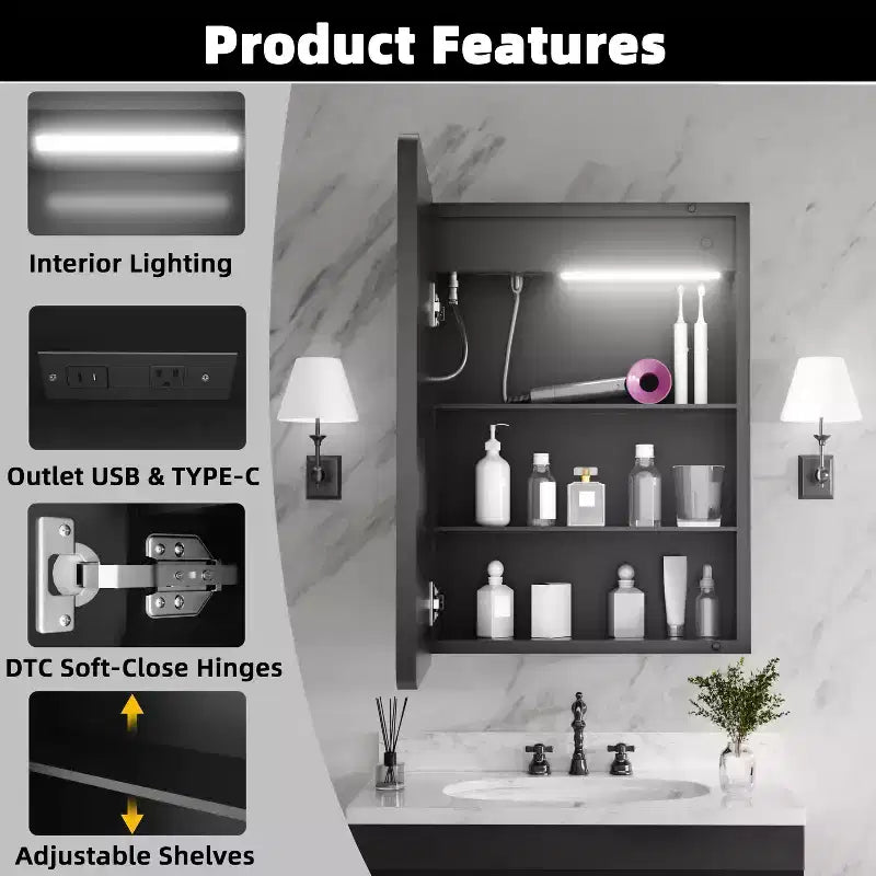 20 in. W x 28 in. H Rectangular Iron Medicine Cabinet with Mirror, Dimmable Light, Anti-Fog and Outlets - Fully Assembled