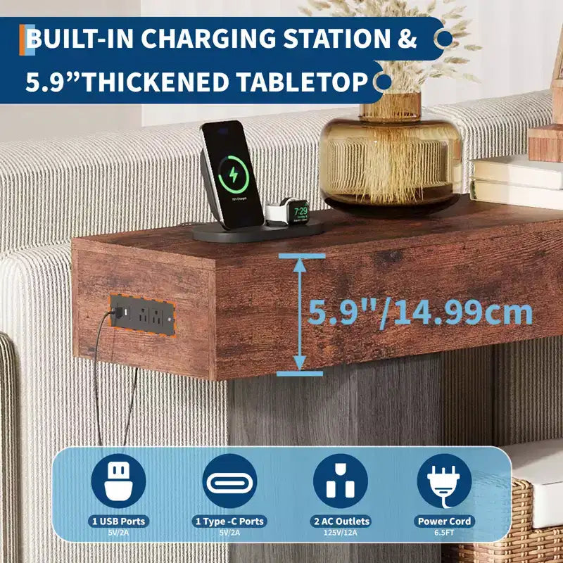 Farmhouse Console Table with Storage Shelf & Charging Station 63 2-Tier Narrow Wood Sofa Side Table for Entryway, Hallway, Living Room