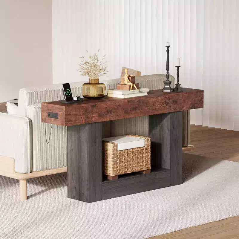 Farmhouse Console Table with Storage Shelf & Charging Station 63 2-Tier Narrow Wood Sofa Side Table for Entryway, Hallway, Living Room