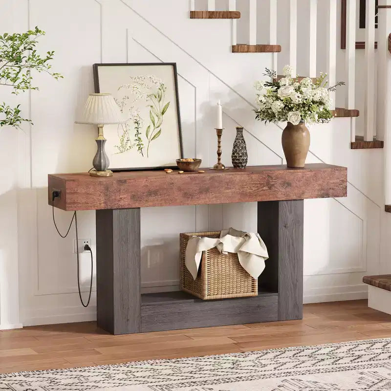 Farmhouse Console Table with Storage Shelf & Charging Station 63 2-Tier Narrow Wood Sofa Side Table for Entryway, Hallway, Living Room