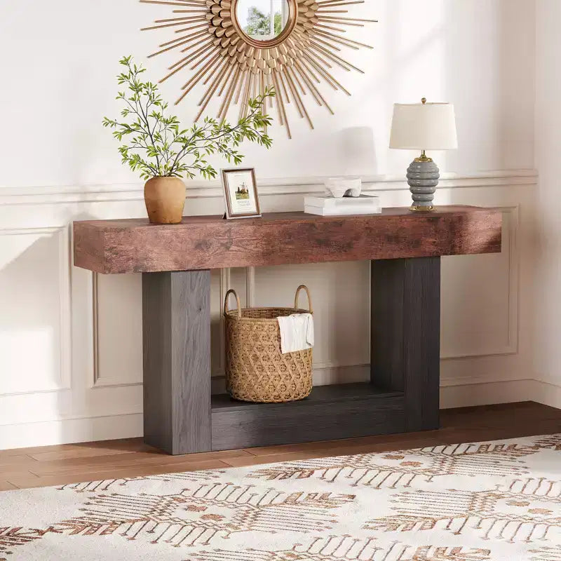 Farmhouse Console Table with Storage Shelf & Charging Station 63 2-Tier Narrow Wood Sofa Side Table for Entryway, Hallway, Living Room