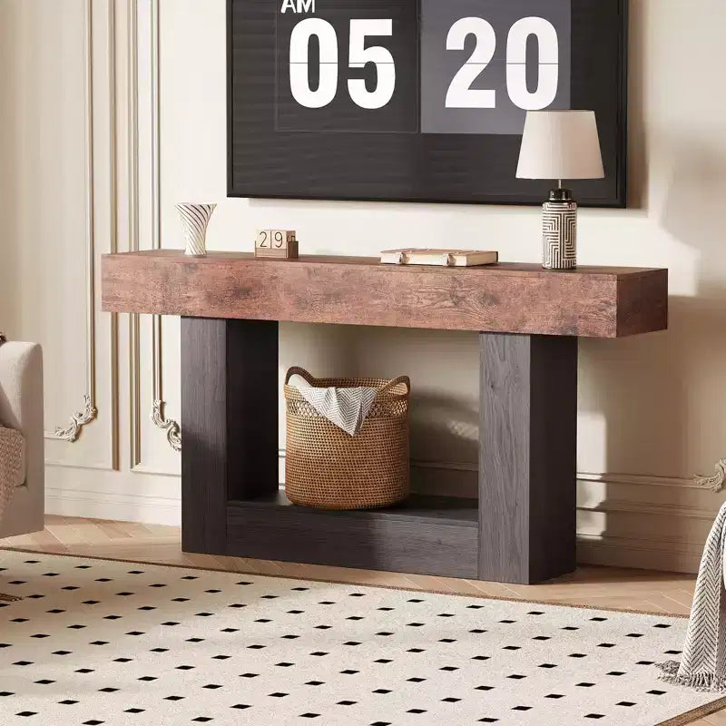 Farmhouse Console Table with Storage Shelf & Charging Station 63 2-Tier Narrow Wood Sofa Side Table for Entryway, Hallway, Living Room