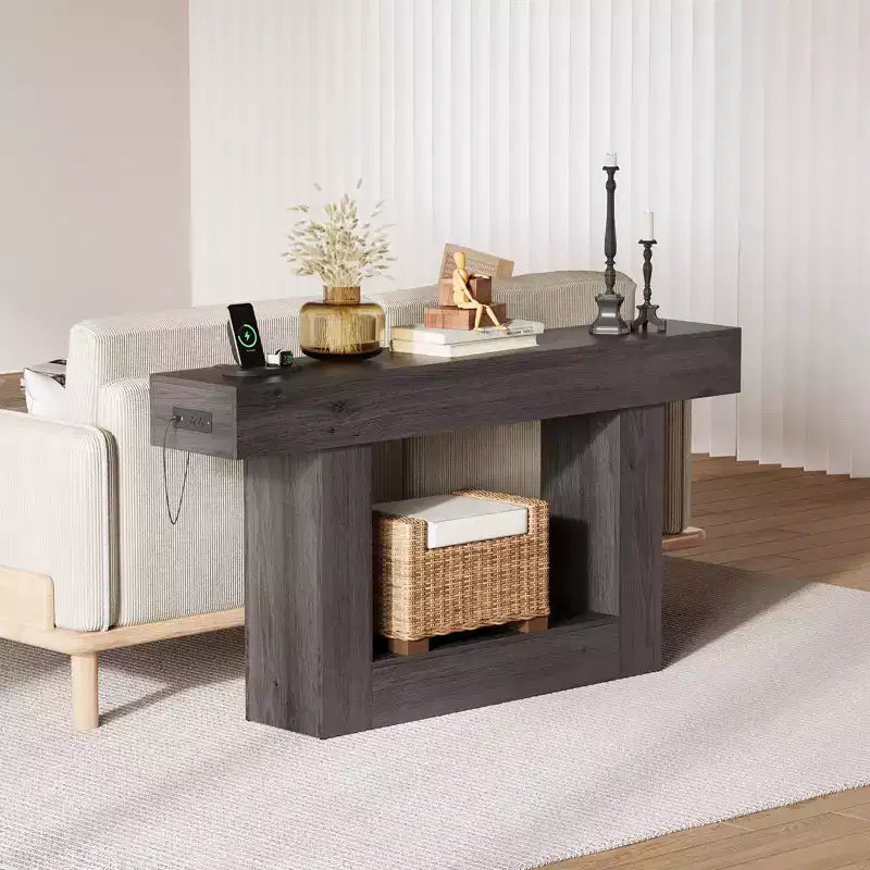 Farmhouse Console Table with Storage Shelf & Charging Station 63 2-Tier Narrow Wood Sofa Side Table for Entryway, Hallway, Living Room