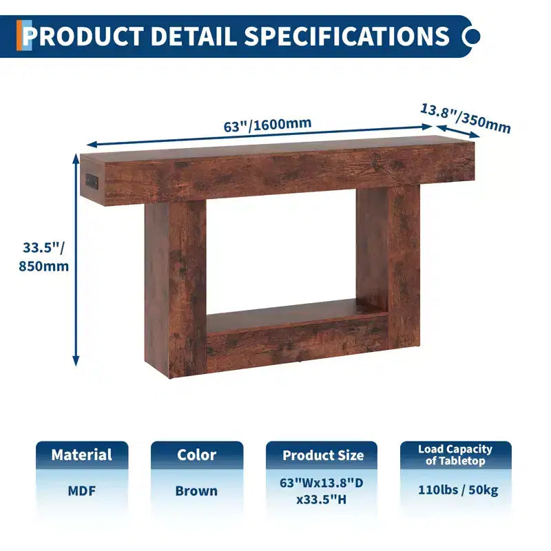 Farmhouse Console Table with Storage Shelf & Charging Station 63 2-Tier Narrow Wood Sofa Side Table for Entryway, Hallway, Living Room