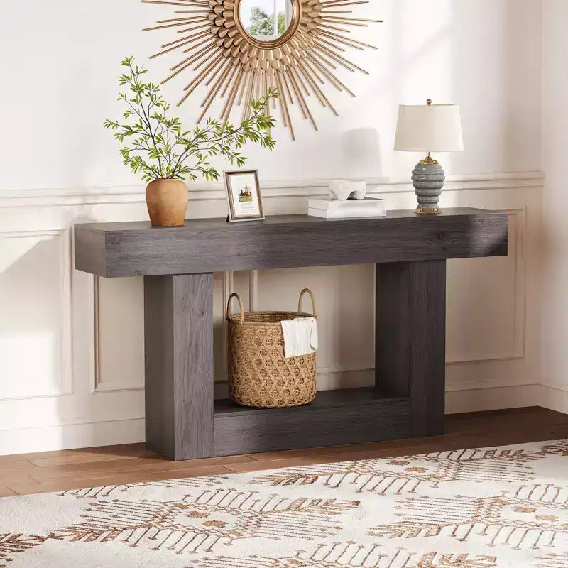 Farmhouse Console Table with Storage Shelf & Charging Station 63 2-Tier Narrow Wood Sofa Side Table for Entryway, Hallway, Living Room