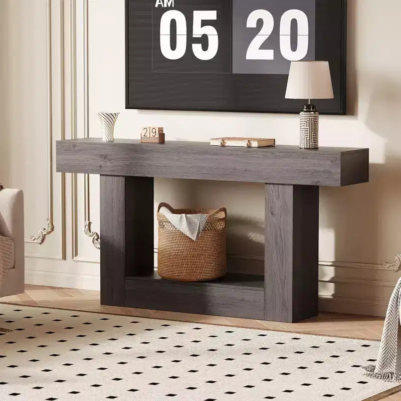 Farmhouse Console Table with Storage Shelf & Charging Station 63 2-Tier Narrow Wood Sofa Side Table for Entryway, Hallway, Living Room