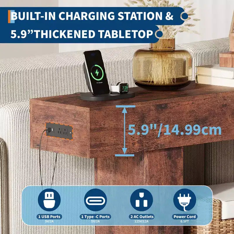 Farmhouse Console Table with Storage Shelf & Charging Station 63 2-Tier Narrow Wood Sofa Side Table for Entryway, Hallway, Living Room