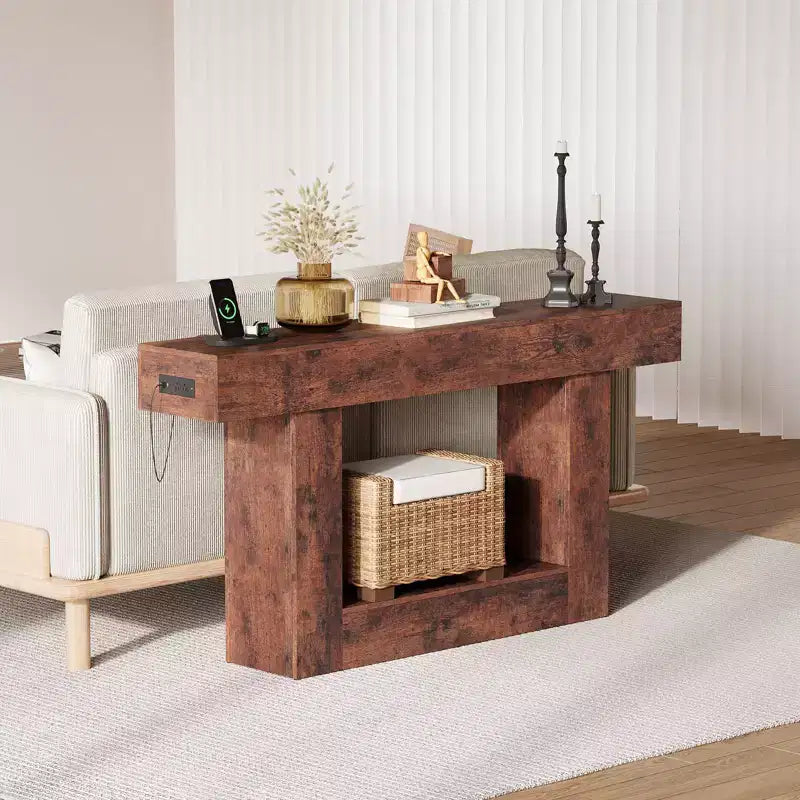 Farmhouse Console Table with Storage Shelf & Charging Station 63 2-Tier Narrow Wood Sofa Side Table for Entryway, Hallway, Living Room