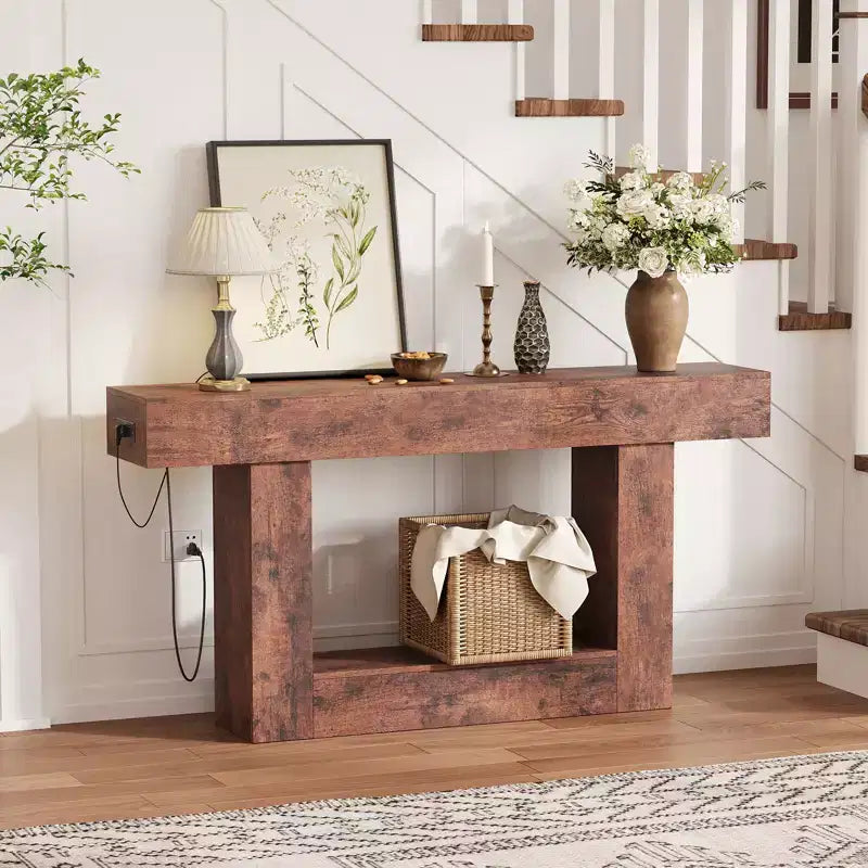 Farmhouse Console Table with Storage Shelf & Charging Station 63 2-Tier Narrow Wood Sofa Side Table for Entryway, Hallway, Living Room