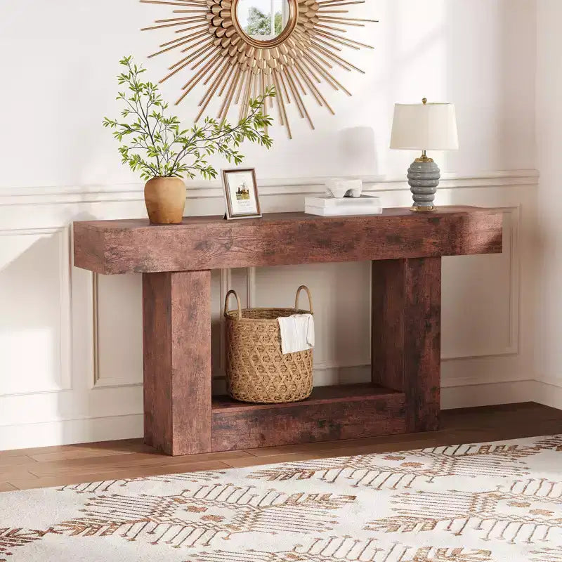 Farmhouse Console Table with Storage Shelf & Charging Station 63 2-Tier Narrow Wood Sofa Side Table for Entryway, Hallway, Living Room