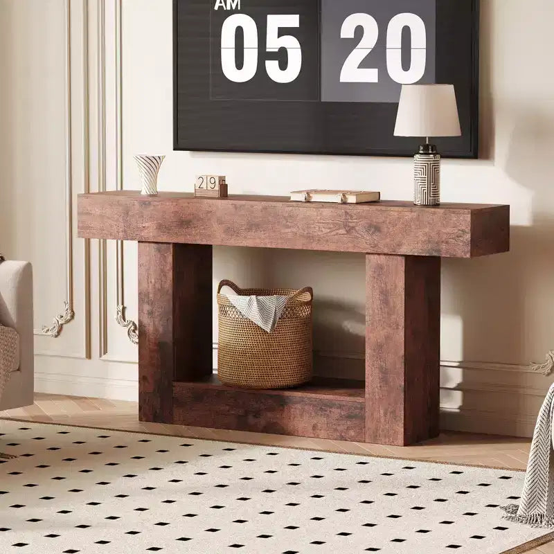 Farmhouse Console Table with Storage Shelf & Charging Station 63 2-Tier Narrow Wood Sofa Side Table for Entryway, Hallway, Living Room