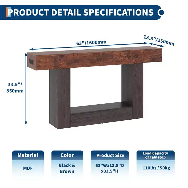 Farmhouse Console Table with Storage Shelf & Charging Station 63 2-Tier Narrow Wood Sofa Side Table for Entryway, Hallway, Living Room
