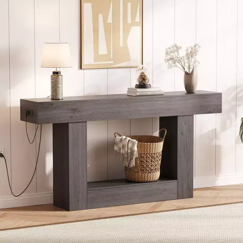 Farmhouse Console Table with Storage Shelf & Charging Station 63 2-Tier Narrow Wood Sofa Side Table for Entryway, Hallway, Living Room