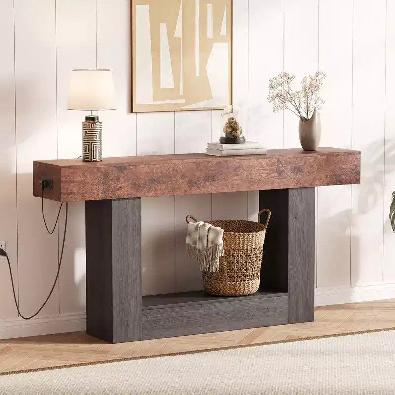 Farmhouse Console Table with Storage Shelf & Charging Station 63 2-Tier Narrow Wood Sofa Side Table for Entryway, Hallway, Living Room