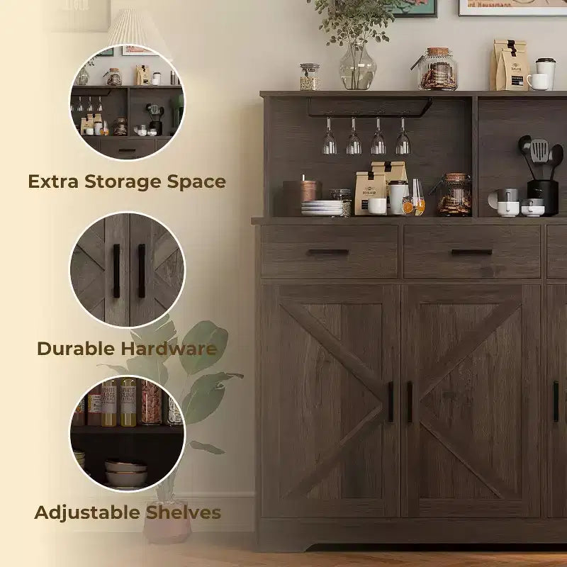 Farmhouse Entryway Storage Cabinet, Adjustable Shelves, 3 Drawers, Sturdy Wood Construction for Kitchen, Dining Room