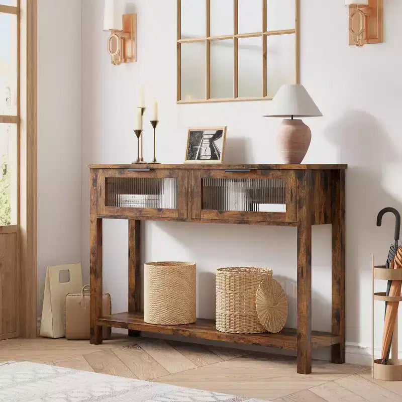 Farmhouse 2-Tier Console Table. Narrow Storage Sofa Table with Glass-Front Drawers & Open Shelf for Entryway. Living Room. Hallway