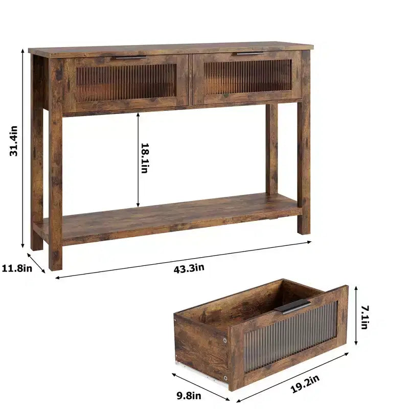 Farmhouse 2-Tier Console Table. Narrow Storage Sofa Table with Glass-Front Drawers & Open Shelf for Entryway. Living Room. Hallway
