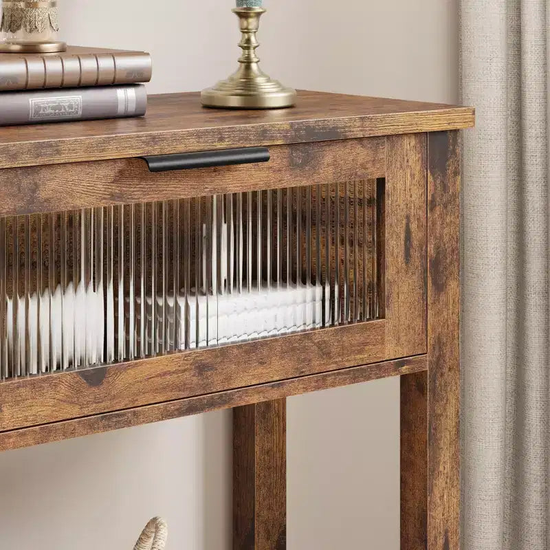 Farmhouse 2-Tier Console Table. Narrow Storage Sofa Table with Glass-Front Drawers & Open Shelf for Entryway. Living Room. Hallway