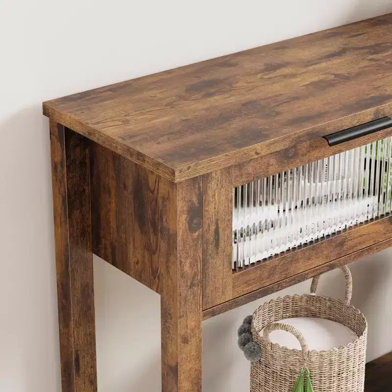 Farmhouse 2-Tier Console Table. Narrow Storage Sofa Table with Glass-Front Drawers & Open Shelf for Entryway. Living Room. Hallway