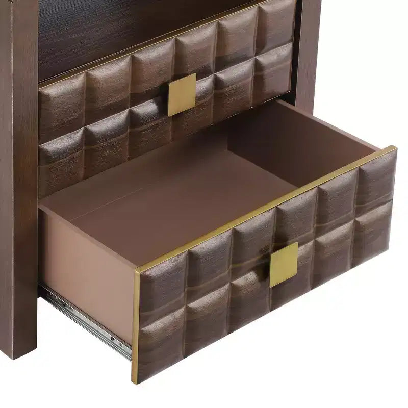 Modern Curved Nightstand with Geometric Relief Panel Fully Assembled 2-Drawer Bedside Table with Open Shelf, Sturdy Wood End Table - Walnut