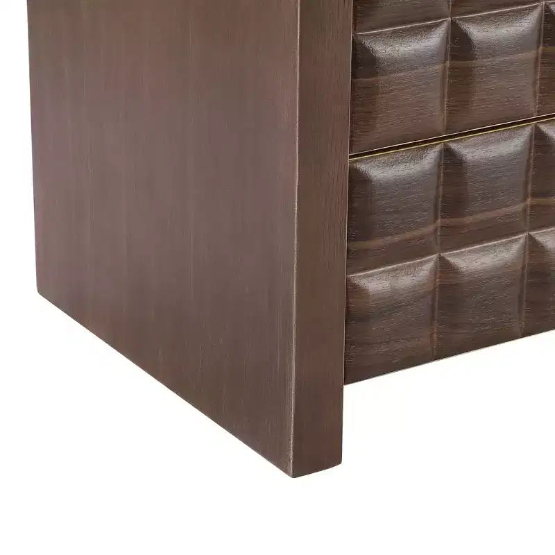 Modern Curved Nightstand with Geometric Relief Panel Fully Assembled 2-Drawer Bedside Table with Open Shelf, Sturdy Wood End Table - Walnut