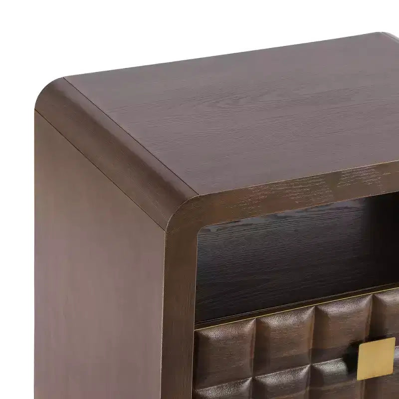 Modern Curved Nightstand with Geometric Relief Panel Fully Assembled 2-Drawer Bedside Table with Open Shelf, Sturdy Wood End Table - Walnut