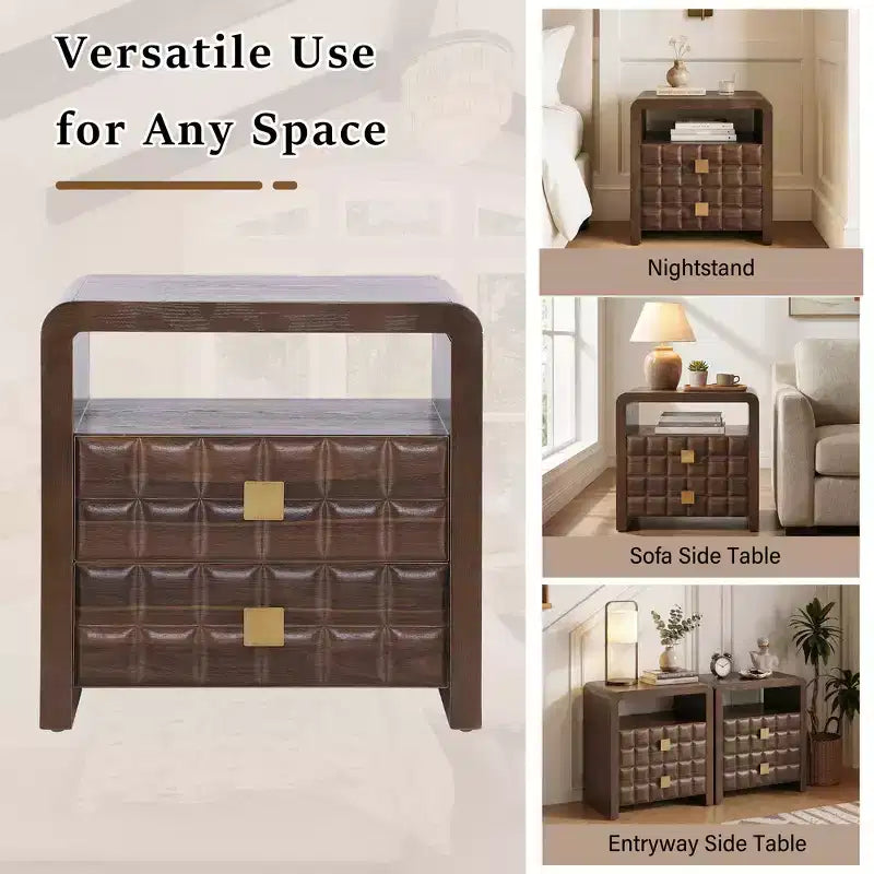 Modern Curved Nightstand with Geometric Relief Panel Fully Assembled 2-Drawer Bedside Table with Open Shelf, Sturdy Wood End Table - Walnut