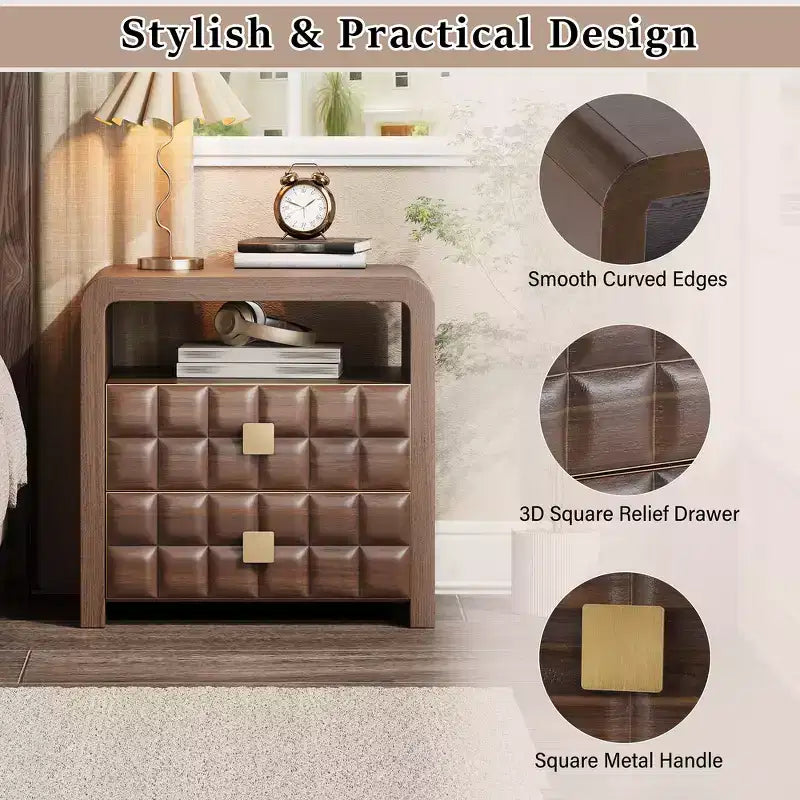 Modern Curved Nightstand with Geometric Relief Panel Fully Assembled 2-Drawer Bedside Table with Open Shelf, Sturdy Wood End Table - Walnut