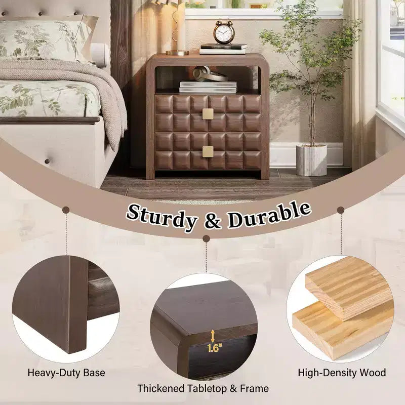 Modern Curved Nightstand with Geometric Relief Panel Fully Assembled 2-Drawer Bedside Table with Open Shelf, Sturdy Wood End Table - Walnut