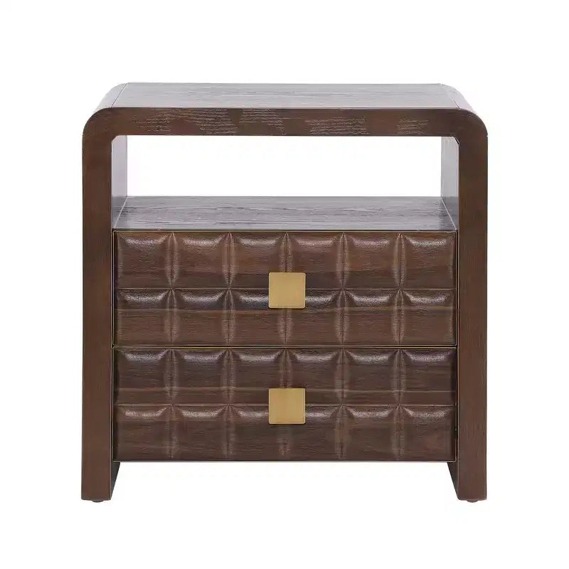 Modern Curved Nightstand with Geometric Relief Panel Fully Assembled 2-Drawer Bedside Table with Open Shelf, Sturdy Wood End Table - Walnut
