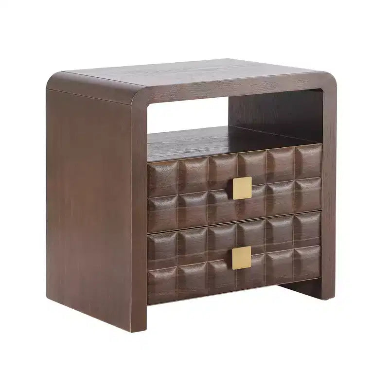 Modern Curved Nightstand with Geometric Relief Panel Fully Assembled 2-Drawer Bedside Table with Open Shelf, Sturdy Wood End Table - Walnut
