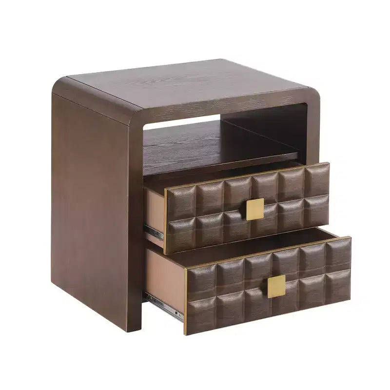 Modern Curved Nightstand with Geometric Relief Panel Fully Assembled 2-Drawer Bedside Table with Open Shelf, Sturdy Wood End Table - Walnut
