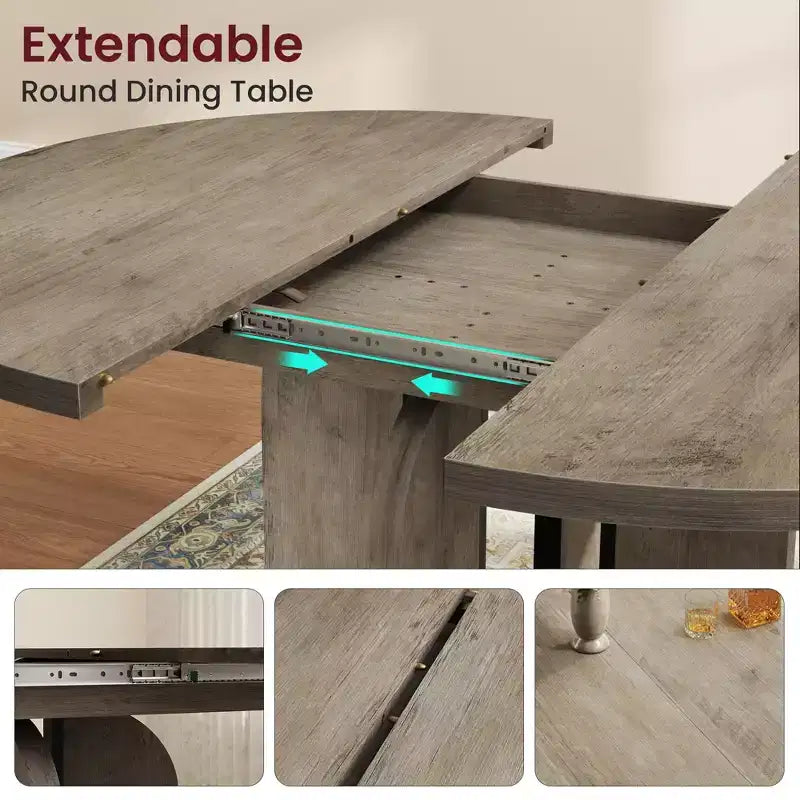 Farmhouse Extendable Round Dining Table 47-63 Inch Expandable Wooden Kitchen Table with Wider Leg Metal Support for 4-8 Apartment Space Save