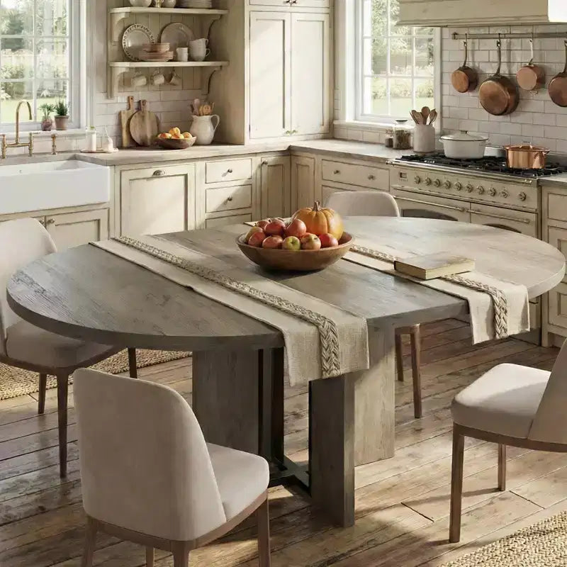 Farmhouse Extendable Round Dining Table 47-63 Inch Expandable Wooden Kitchen Table with Wider Leg Metal Support for 4-8 Apartment Space Save