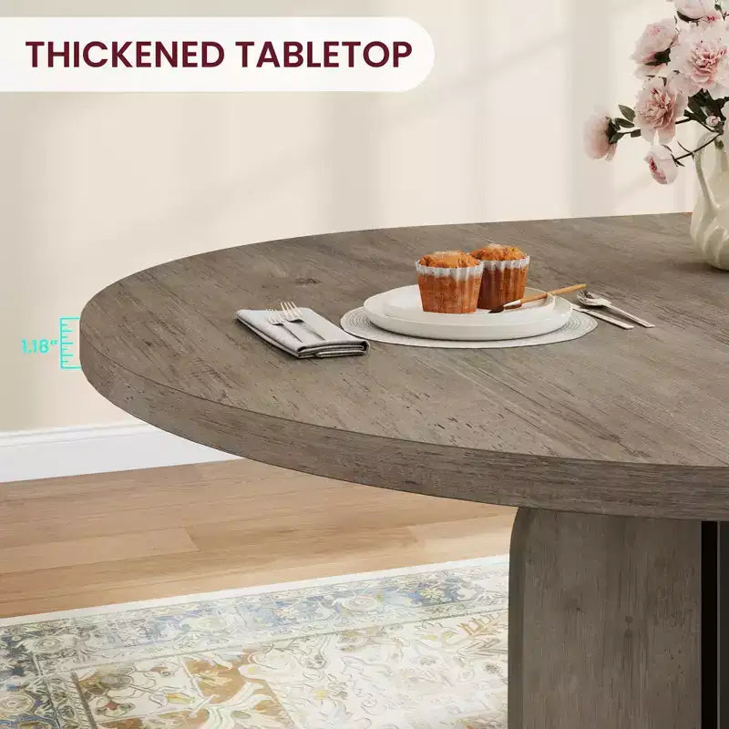 Farmhouse Extendable Round Dining Table 47-63 Inch Expandable Wooden Kitchen Table with Wider Leg Metal Support for 4-8 Apartment Space Save