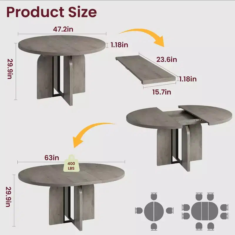 Farmhouse Extendable Round Dining Table 47-63 Inch Expandable Wooden Kitchen Table with Wider Leg Metal Support for 4-8 Apartment Space Save