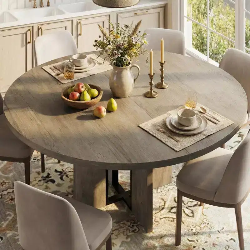 Farmhouse Extendable Round Dining Table 47-63 Inch Expandable Wooden Kitchen Table with Wider Leg Metal Support for 4-8 Apartment Space Save