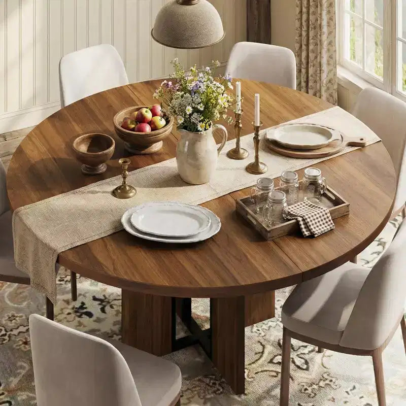 Farmhouse Extendable Round Dining Table 47-63 Inch Expandable Wooden Kitchen Table with Wider Leg Metal Support for 4-8 Apartment Space Save