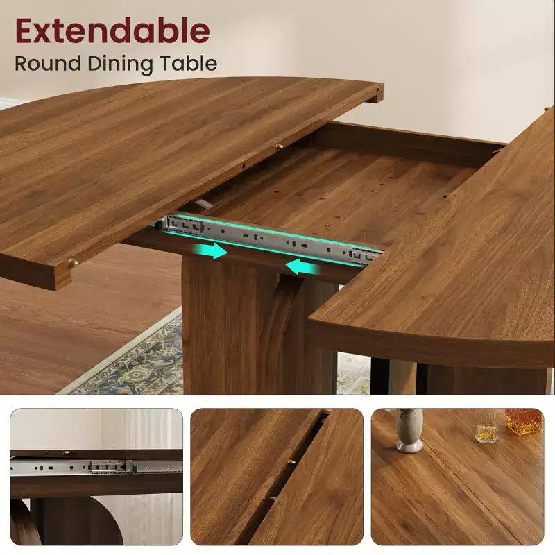 Farmhouse Extendable Round Dining Table 47-63 Inch Expandable Wooden Kitchen Table with Wider Leg Metal Support for 4-8 Apartment Space Save