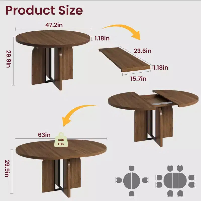 Farmhouse Extendable Round Dining Table 47-63 Inch Expandable Wooden Kitchen Table with Wider Leg Metal Support for 4-8 Apartment Space Save