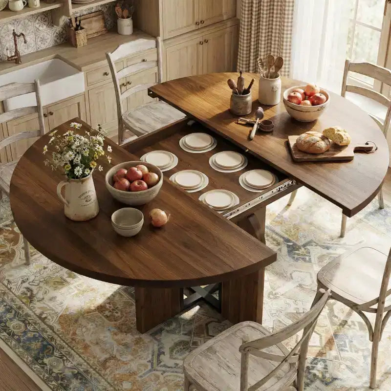 Farmhouse Extendable Round Dining Table 47-63 Inch Expandable Wooden Kitchen Table with Wider Leg Metal Support for 4-8 Apartment Space Save