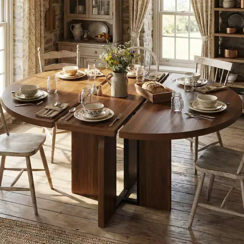 Farmhouse Extendable Round Dining Table 47-63 Inch Expandable Wooden Kitchen Table with Wider Leg Metal Support for 4-8 Apartment Space Save