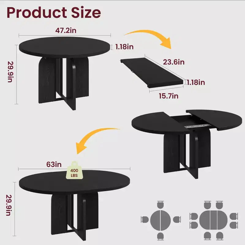 Farmhouse Extendable Round Dining Table 47-63 Inch Expandable Wooden Kitchen Table with Wider Leg Metal Support for 4-8 Apartment Space Save
