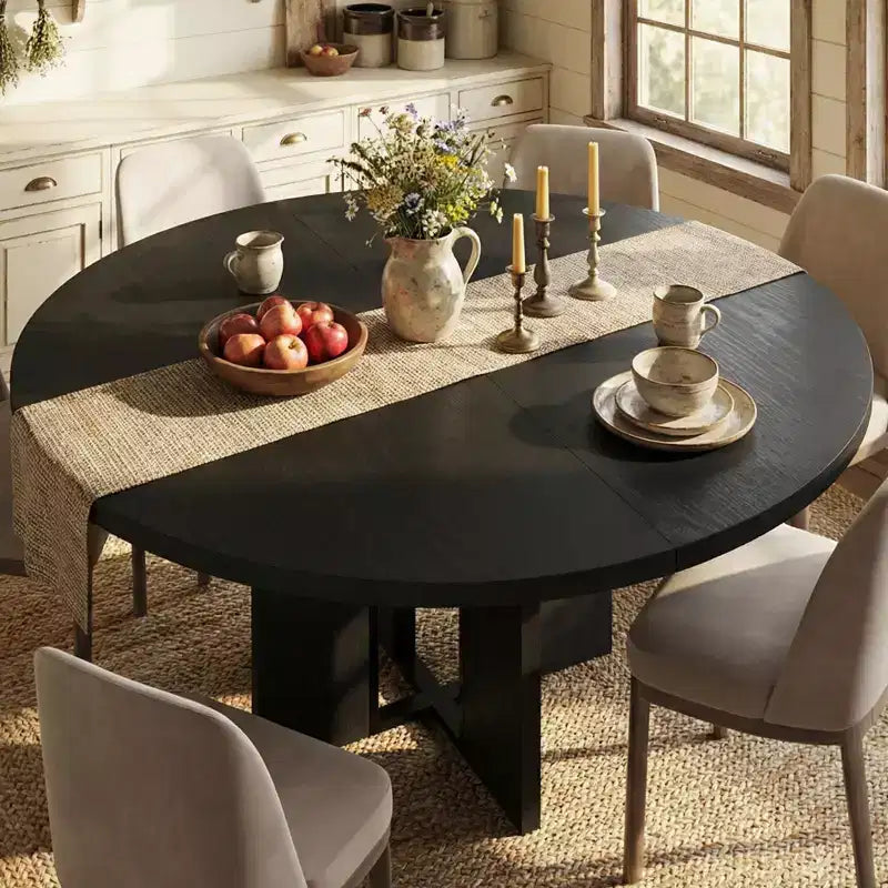 Farmhouse Extendable Round Dining Table 47-63 Inch Expandable Wooden Kitchen Table with Wider Leg Metal Support for 4-8 Apartment Space Save