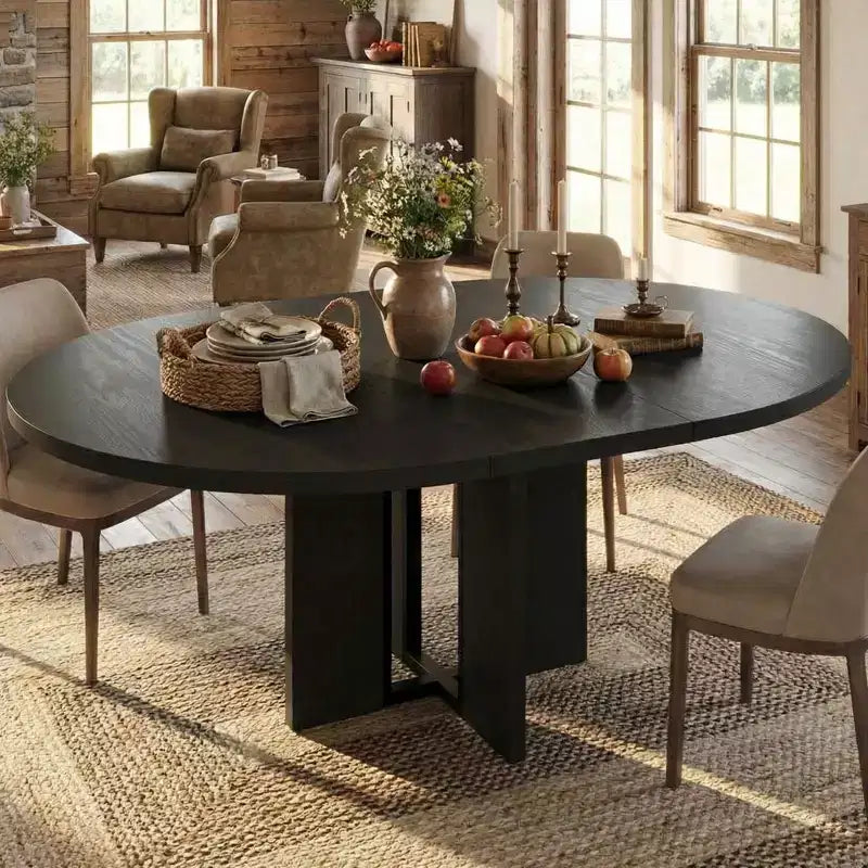 Farmhouse Extendable Round Dining Table 47-63 Inch Expandable Wooden Kitchen Table with Wider Leg Metal Support for 4-8 Apartment Space Save