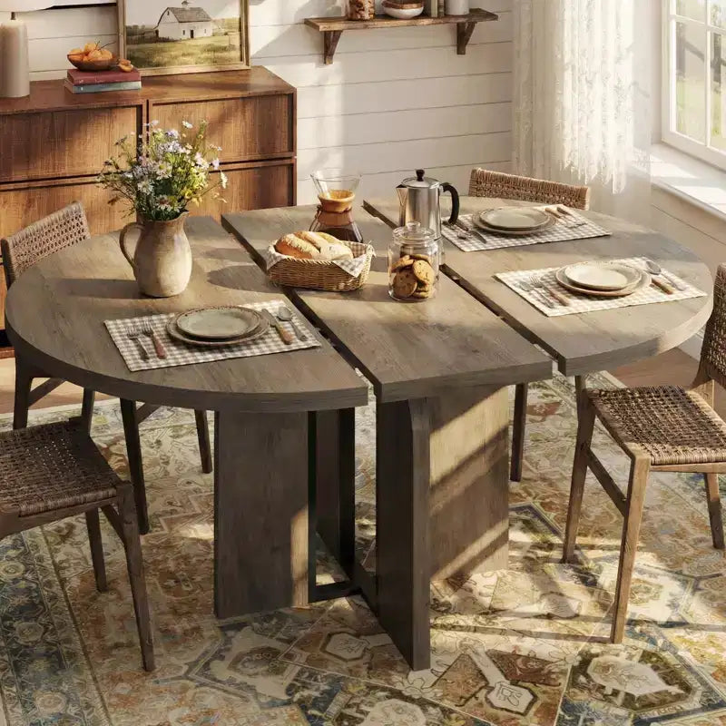 Farmhouse Extendable Round Dining Table 47-63 Inch Expandable Wooden Kitchen Table with Wider Leg Metal Support for 4-8 Apartment Space Save