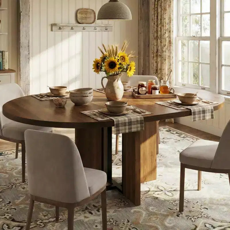 Farmhouse Extendable Round Dining Table 47-63 Inch Expandable Wooden Kitchen Table with Wider Leg Metal Support for 4-8 Apartment Space Save
